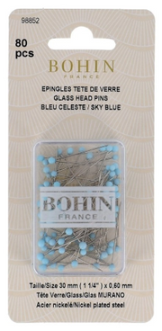 Alfileres Bohin con cabeza de cristal de Murano 30 mm ø 0,60 mm Azul celeste