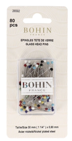 Caja colgante de 80 Alfileres Bohin con cabeza de vidrio extrafino M7, surtido de 30 mm